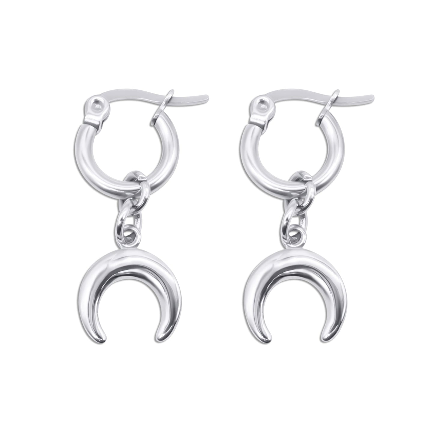 Stainless steel hoop earrings with crescent moon charms on a white background