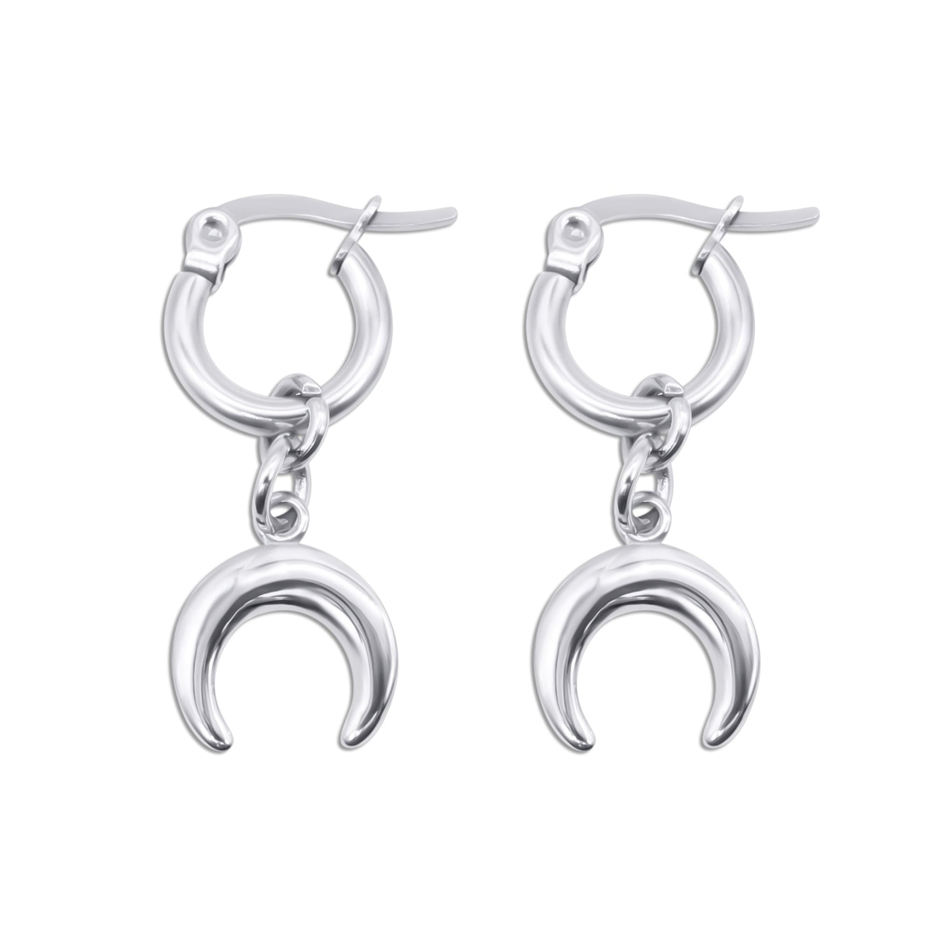 Stainless steel hoop earrings with crescent moon charms on a white background