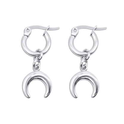 Stainless steel hoop earrings with crescent moon charms on a white background