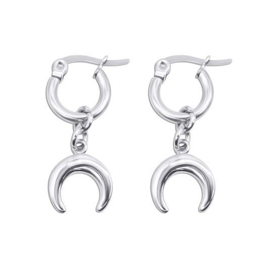 Stainless steel hoop earrings with crescent moon charms on a white background