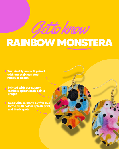 Rainbow monstera leaf earrings