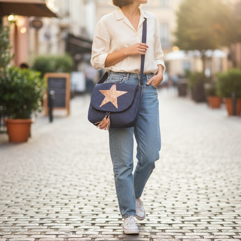 Person walking on a street holding a navy blue bag with a pink star, wearing a white shirt and blue jeans.