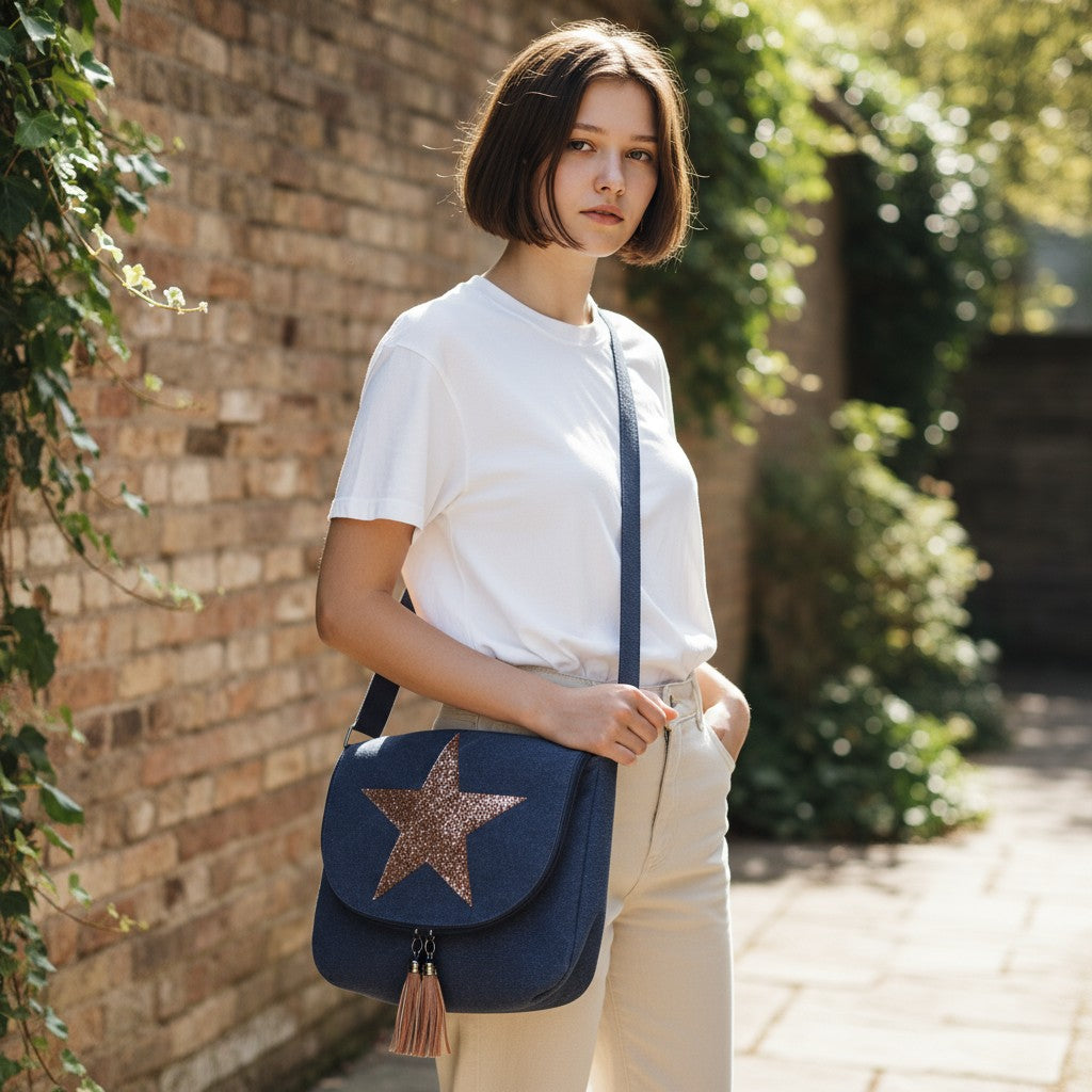 Woman holding a blue bag with a star design against a brick wall.