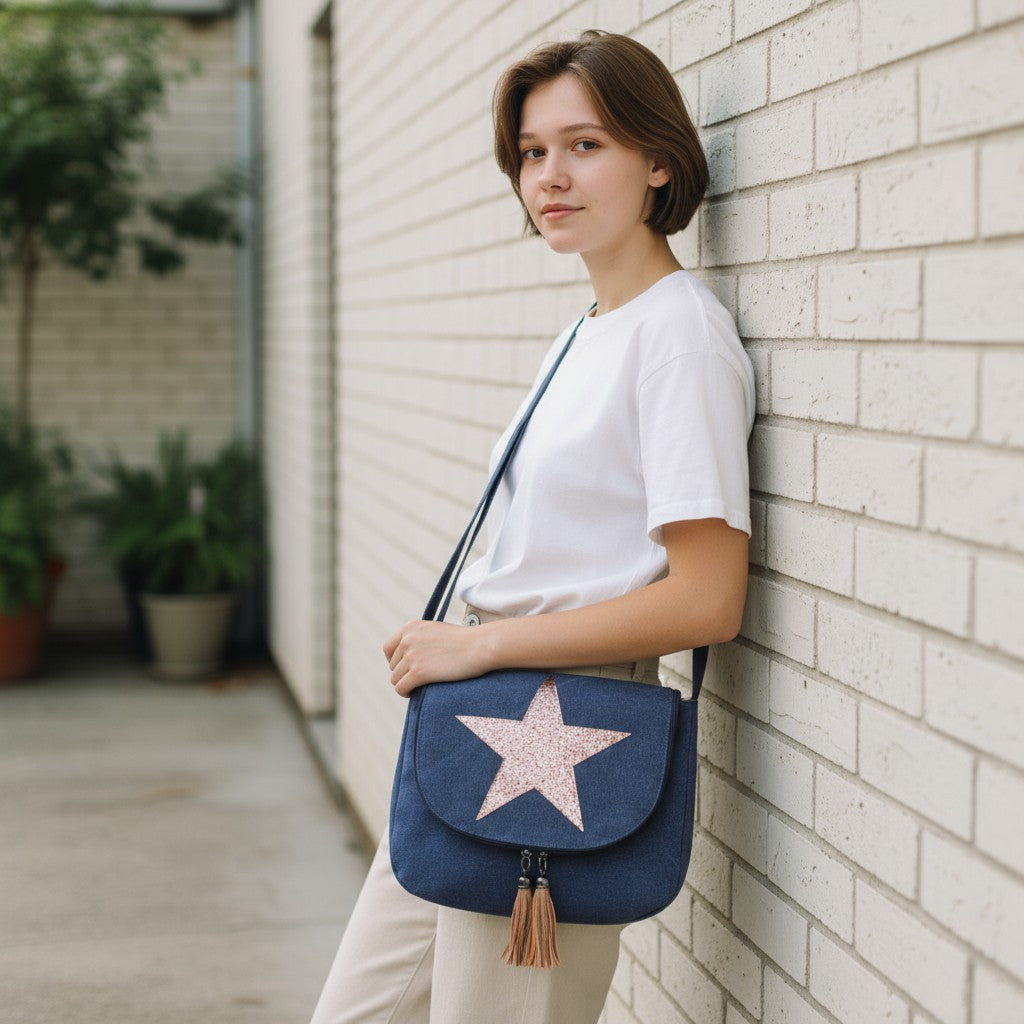 Woman holding a blue bag with a star design against a brick wall.