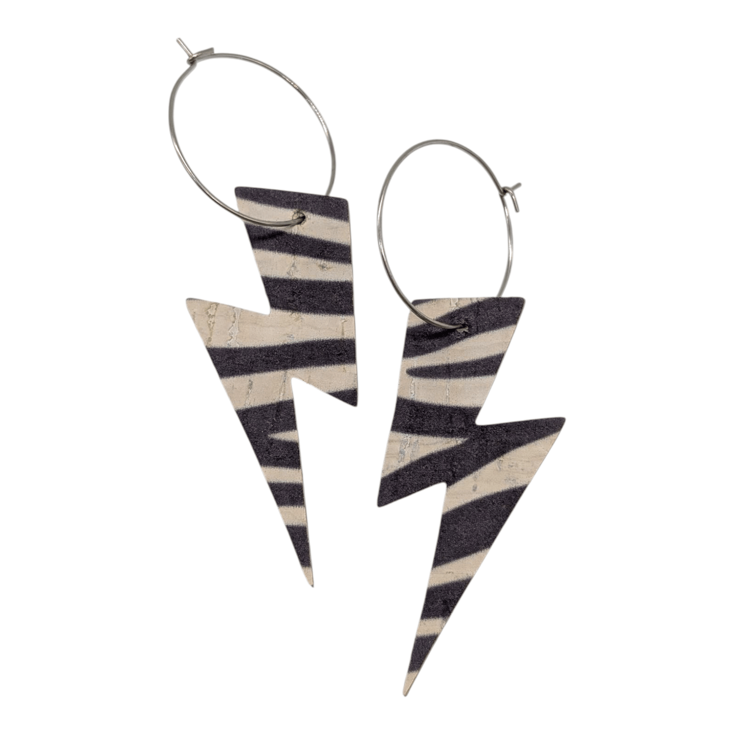 Zebra print lightning bolt shaped drop earrings with hoop on white background.