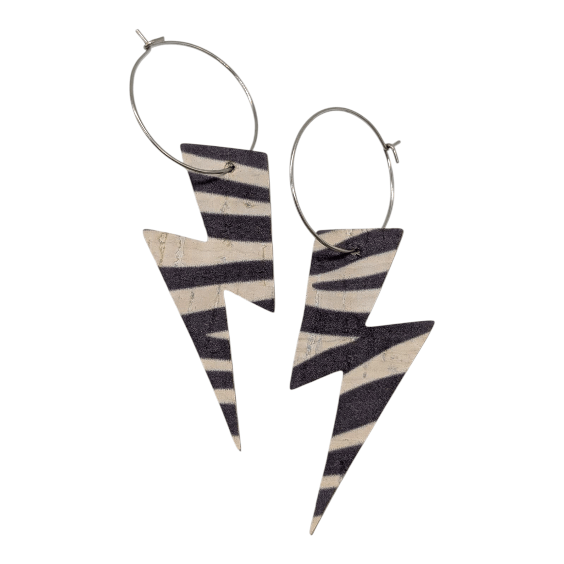 Zebra print lightning bolt shaped drop earrings with hoop on white background.