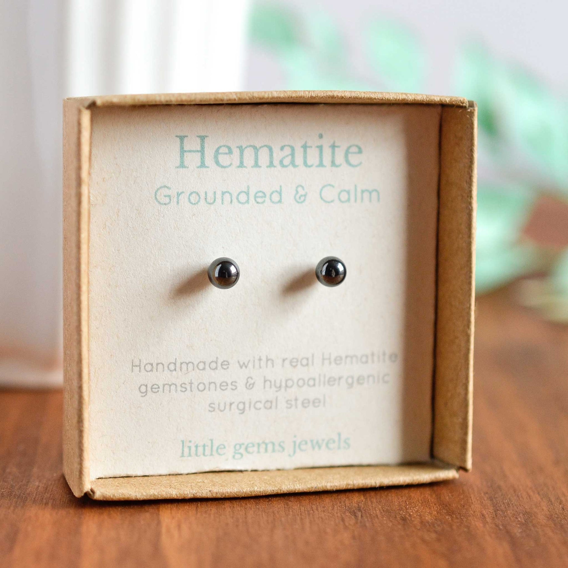 Hematite for grounding and calm gemstone stud earrings in eco friendly gift box