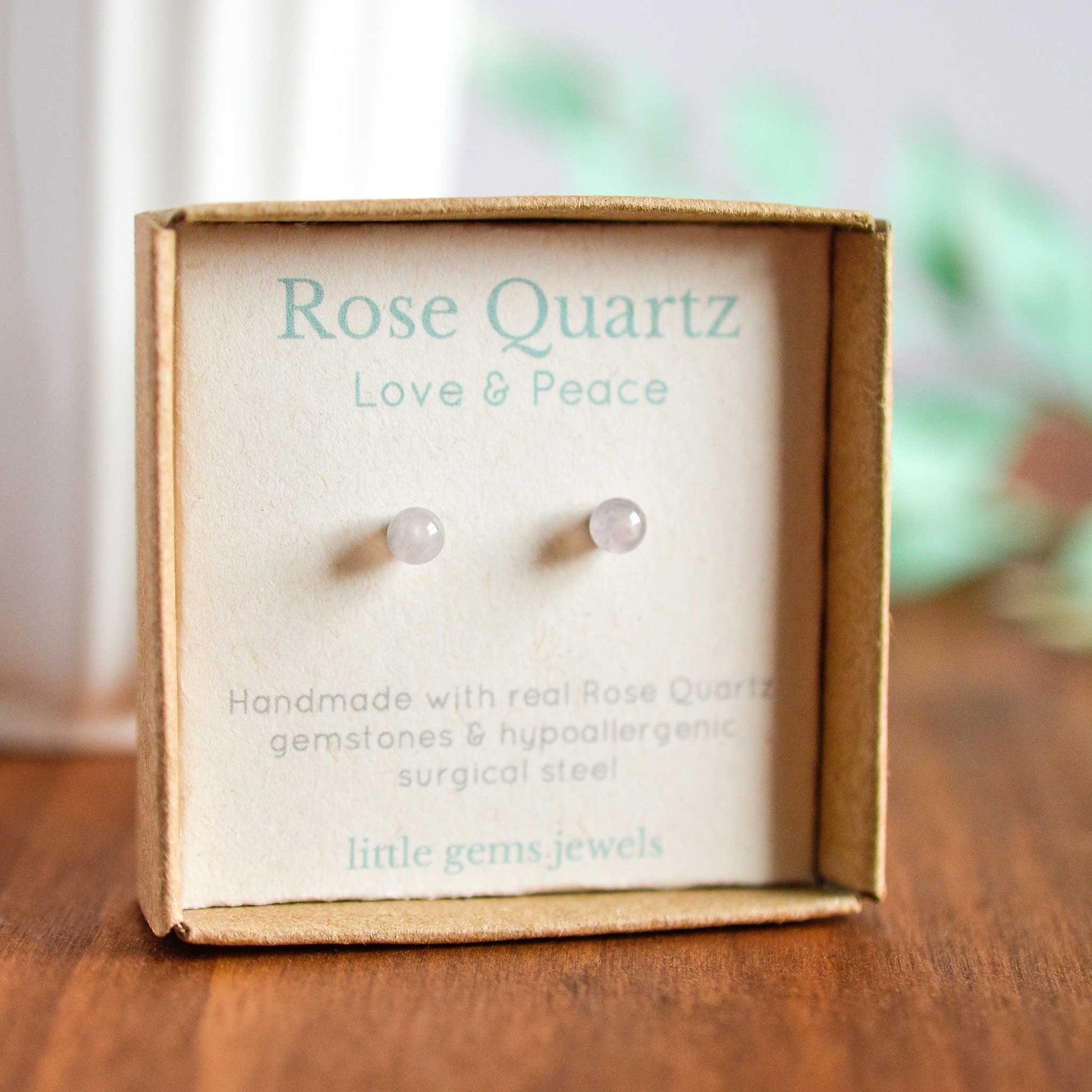 Rose Quartz for love and peace gemstone stud earrings in eco friendly gift box