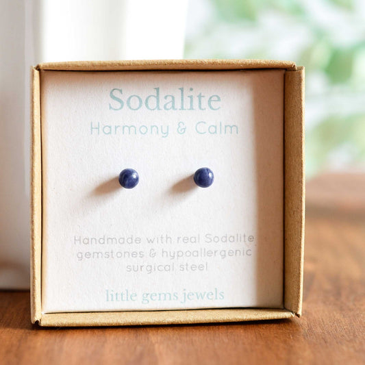 Sodalite for harmony and calm gemstone stud earrings in eco friendly gift box