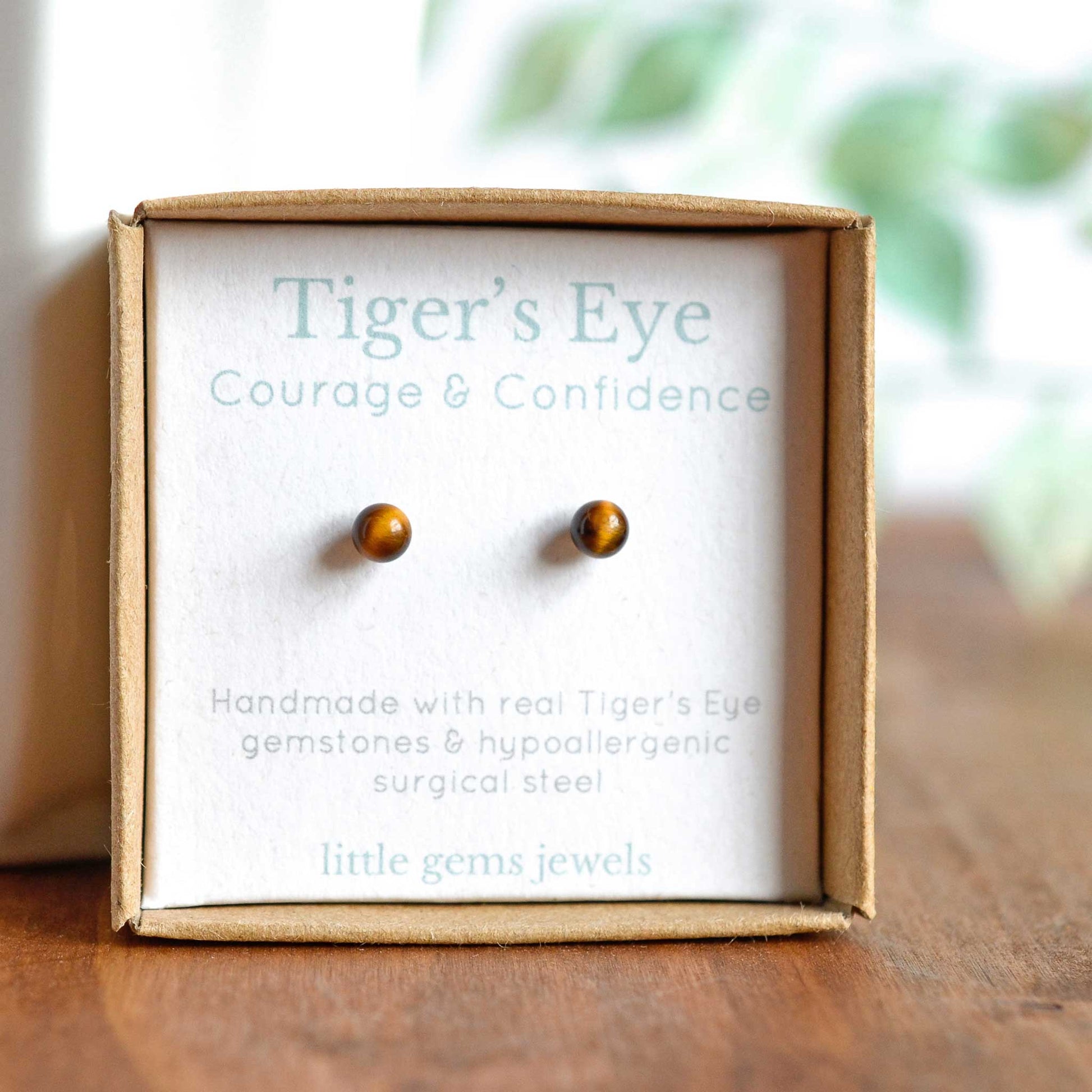 Tigers Eye for courage and confidence gemstone stud earrings in eco friendly gift box