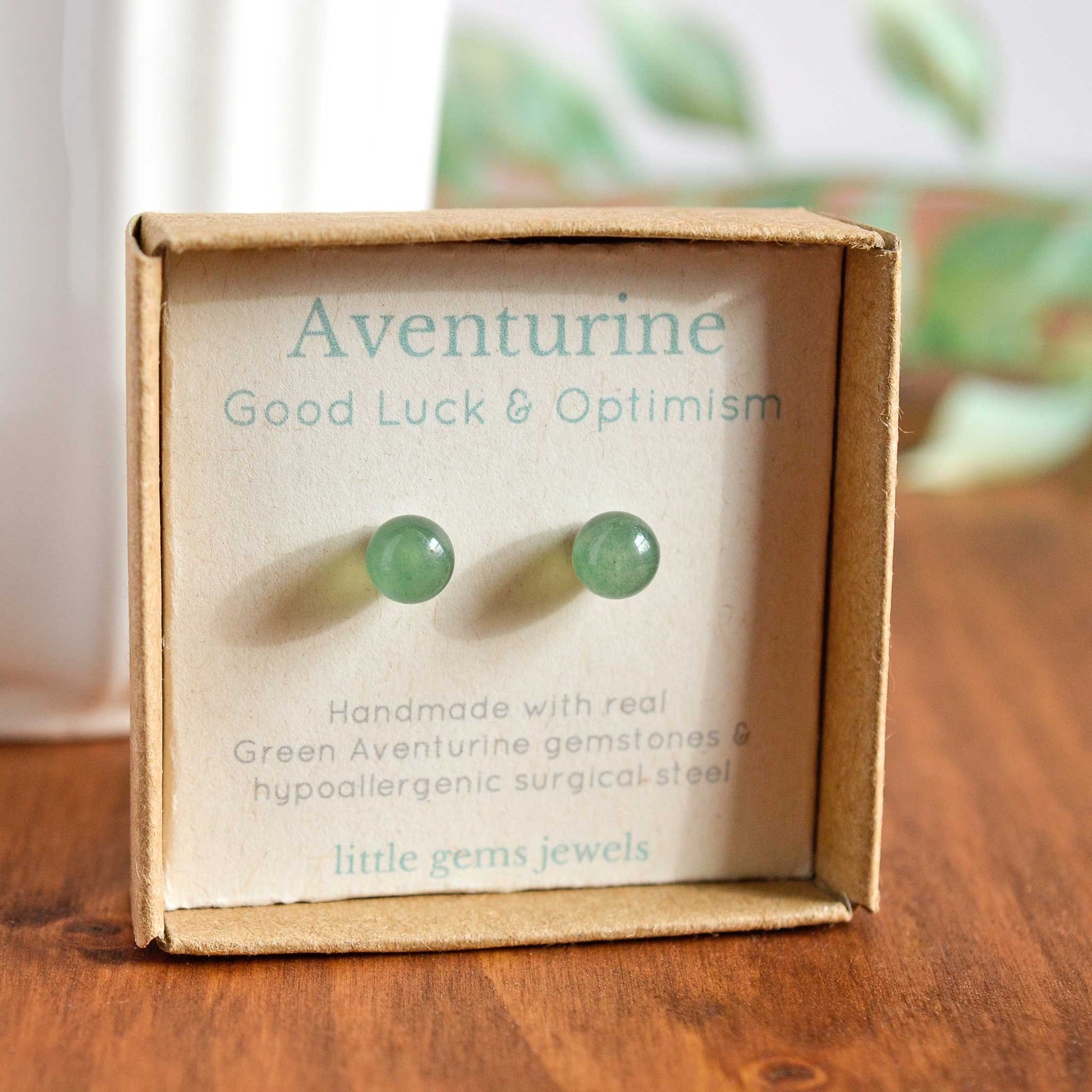 Green Aventurine for good luck and optimism gemstone stud earrings in eco friendly gift box