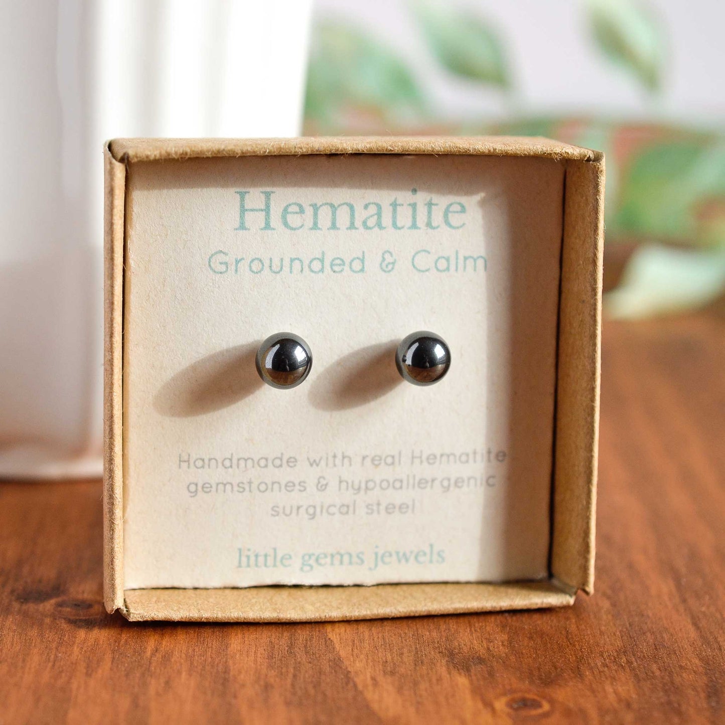 Hematite for grounding and calm gemstone stud earrings in eco friendly gift box