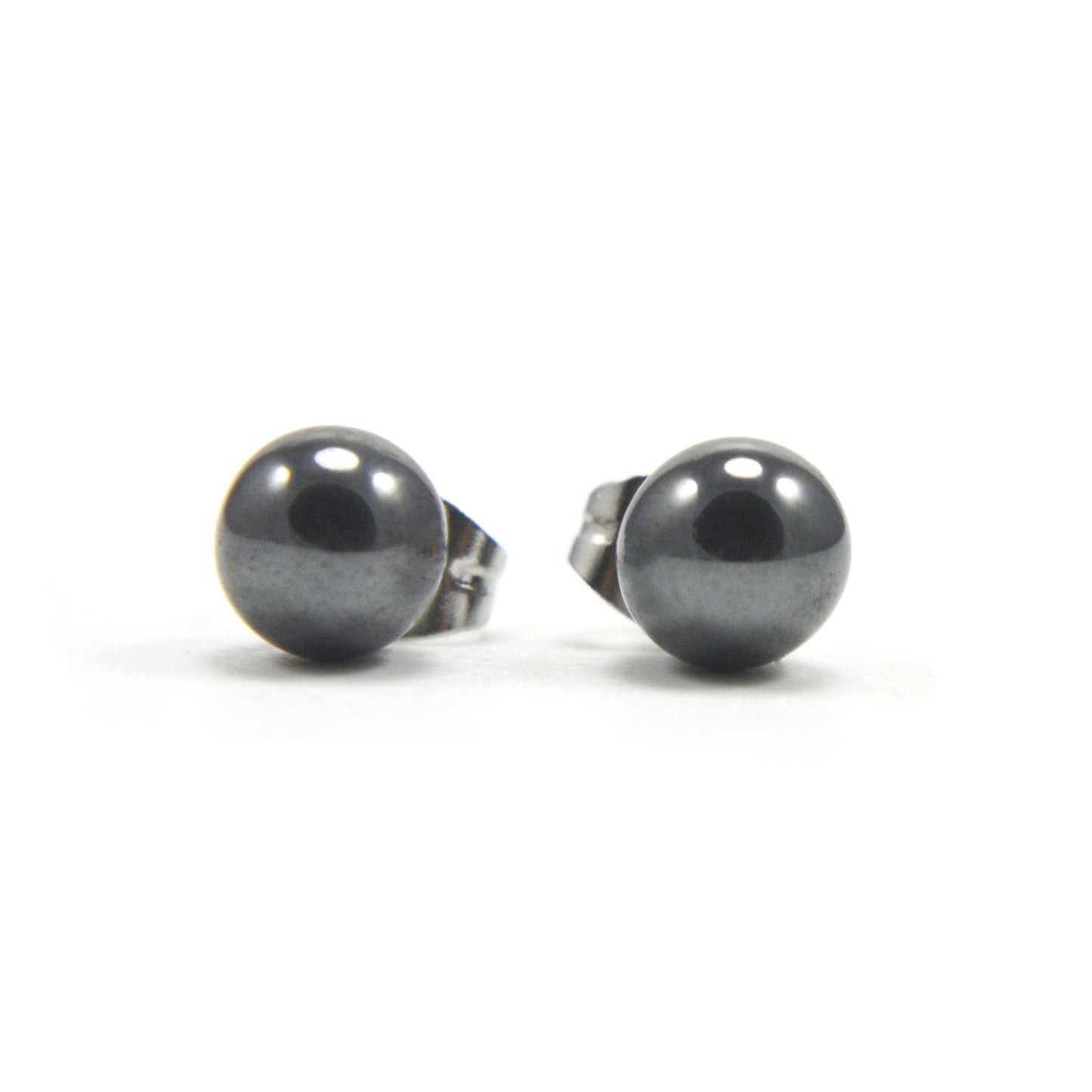 Front view of Hematite stud earrings on white background