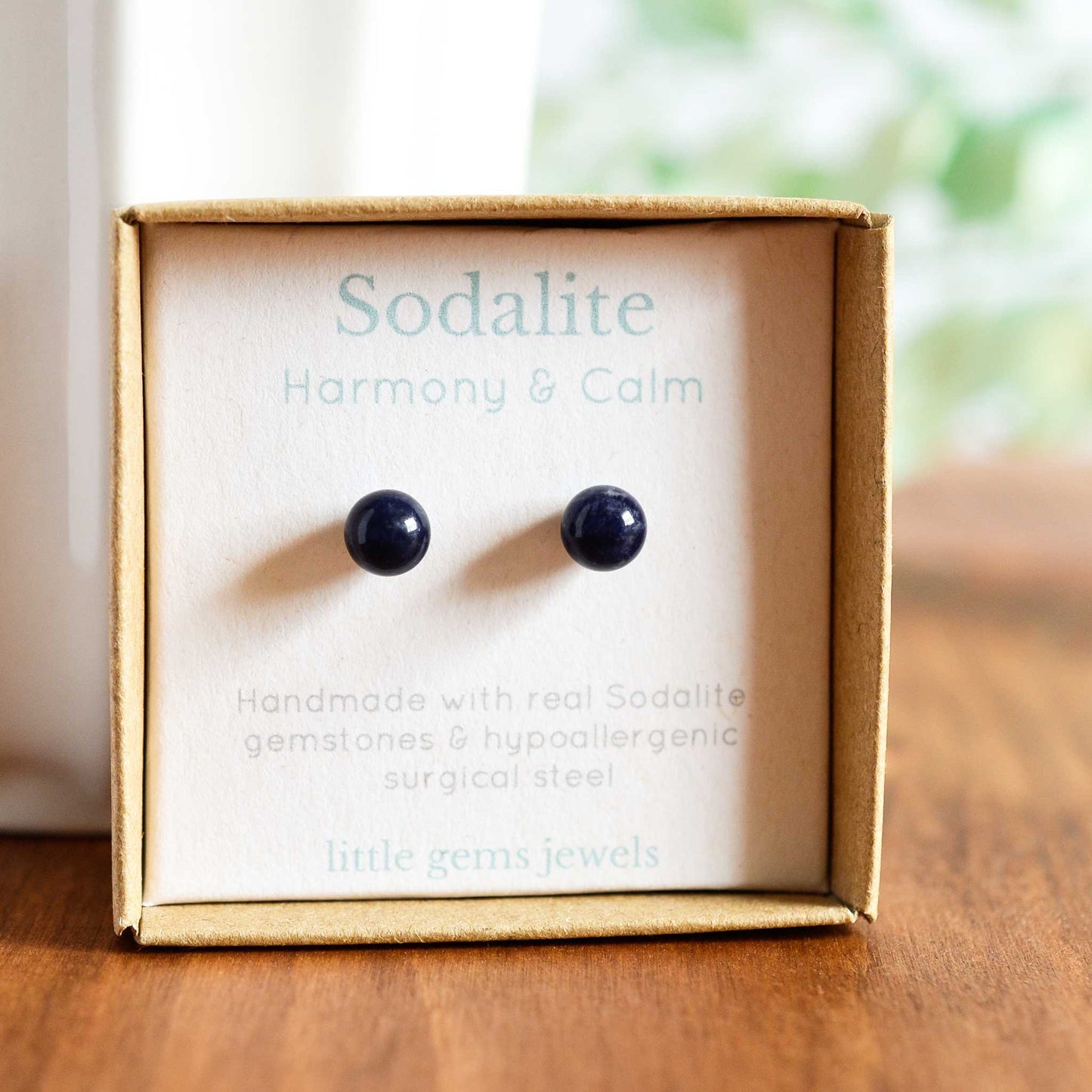 Sodalite for harmony and calm gemstone earrings in an eco friendly gift box