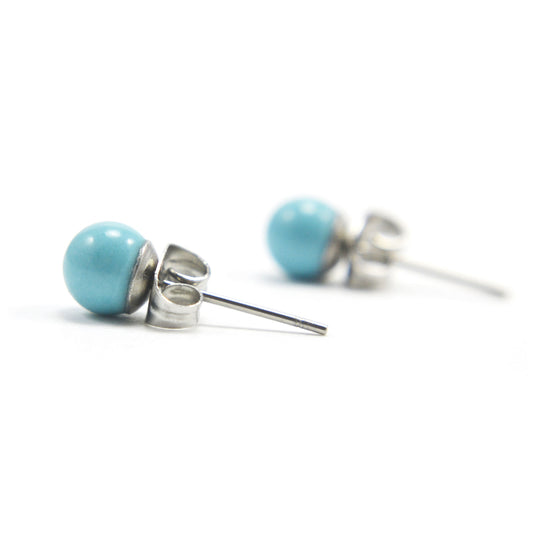 Side view of 6mm Turquoise earrings studs with hypoallergenic surgical steel posts and backs