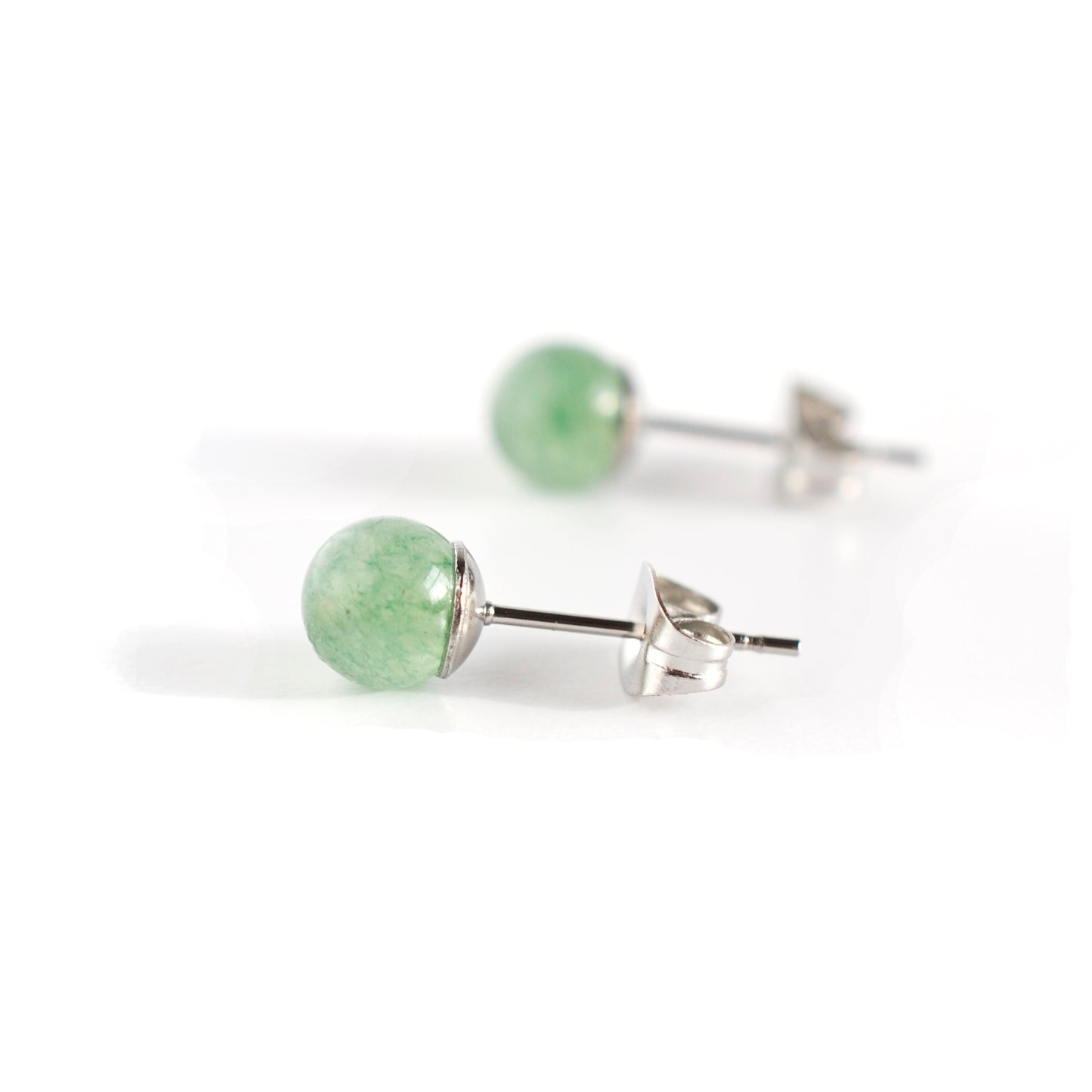 Side view of Green Aventurine earrings with hypoallergenic surgical steel studs and backs