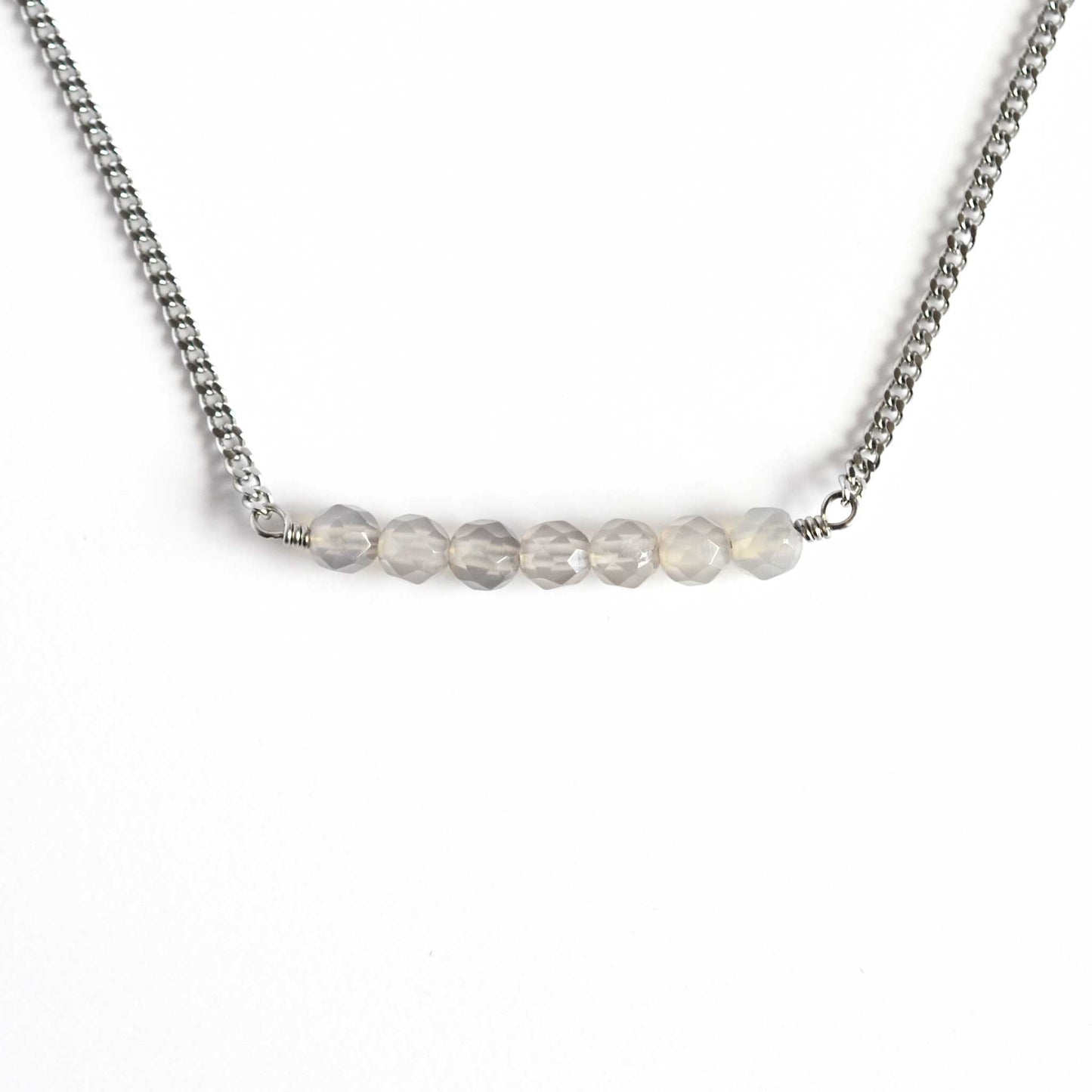 Grey Agate necklace with stainless steel chain on white background