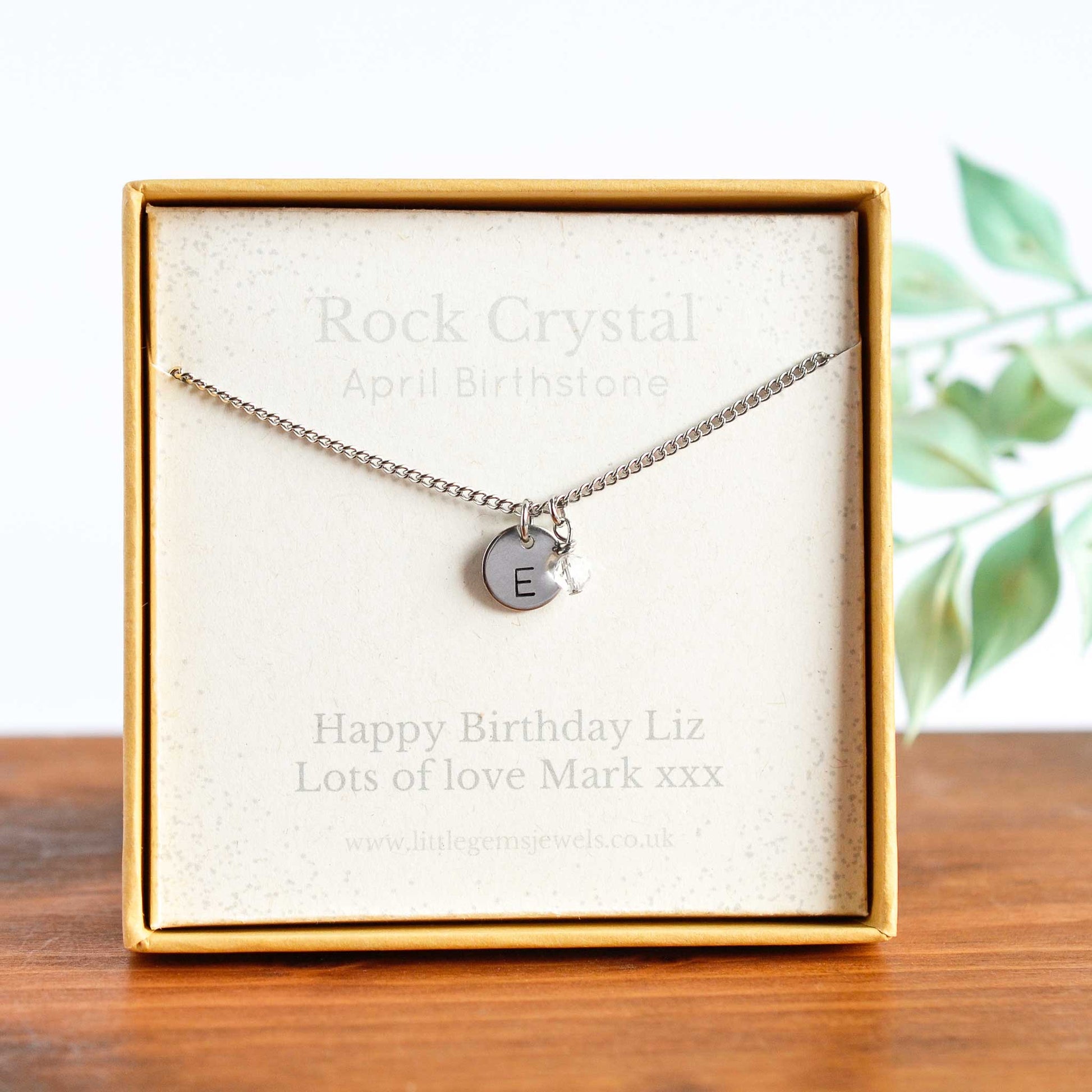 April Birthstone necklace with initial charm & personalised gift message in eco friendly gift box