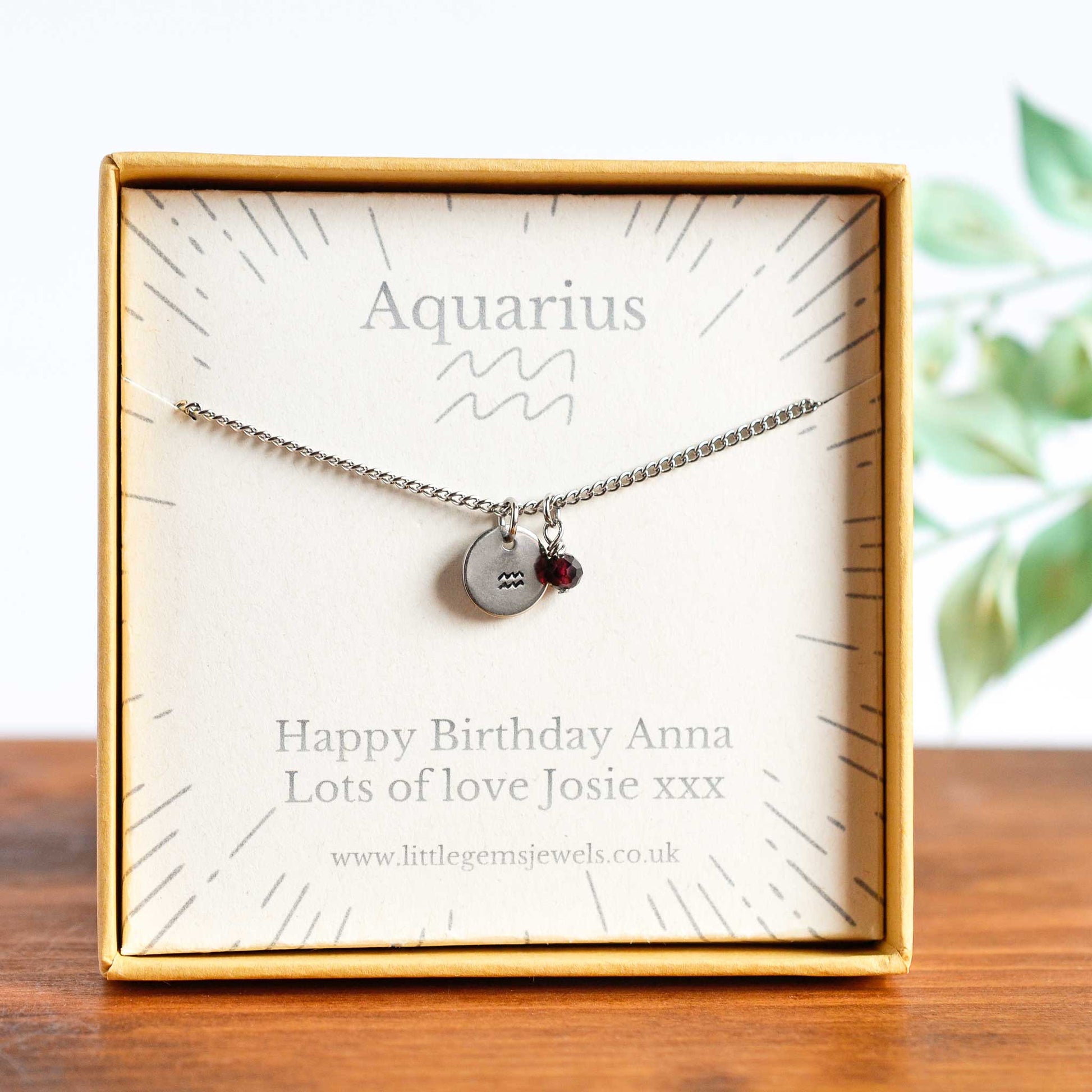 Aquarius Zodiac necklace with personalised gift message in eco friendly gift box