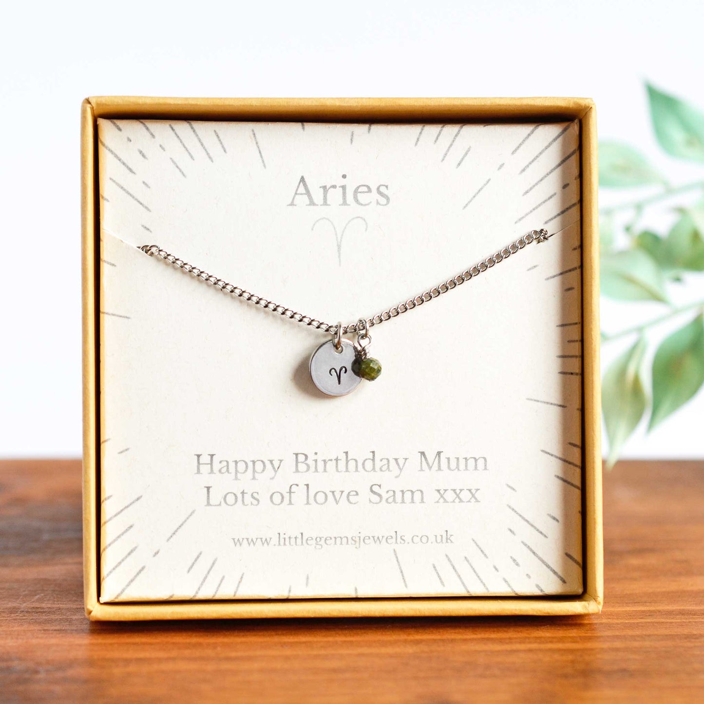 Aries Zodiac necklace with personalised gift message in eco friendly gift box