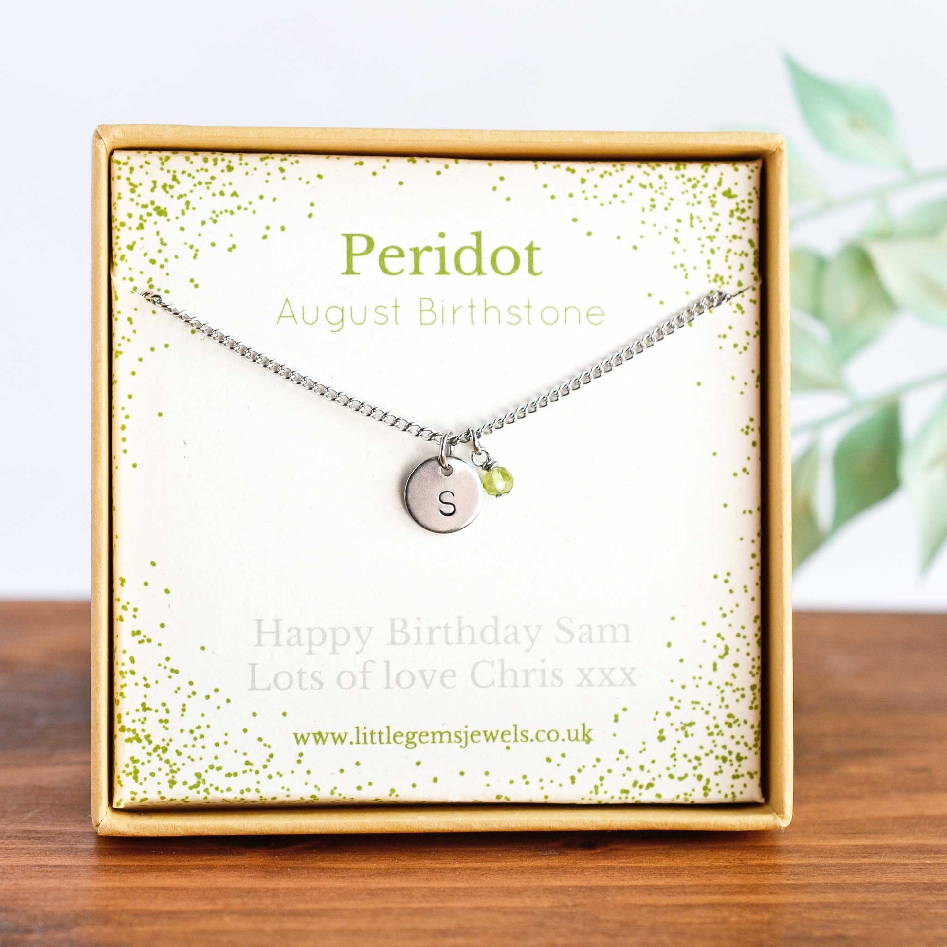 August Birthstone necklace with initial charm & personalised gift message in eco friendly gift box