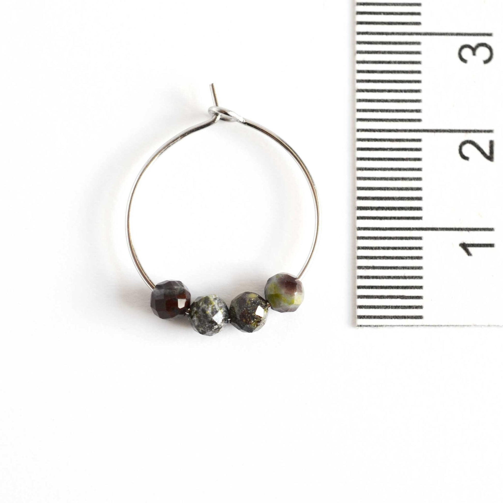 2cm diameter Bloodstone hoop earring next to ruler