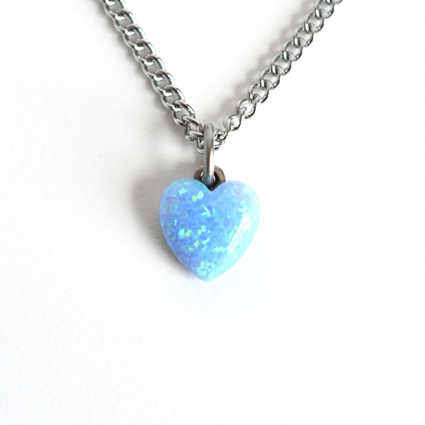Dainty blue heart necklace on stainless steel chain