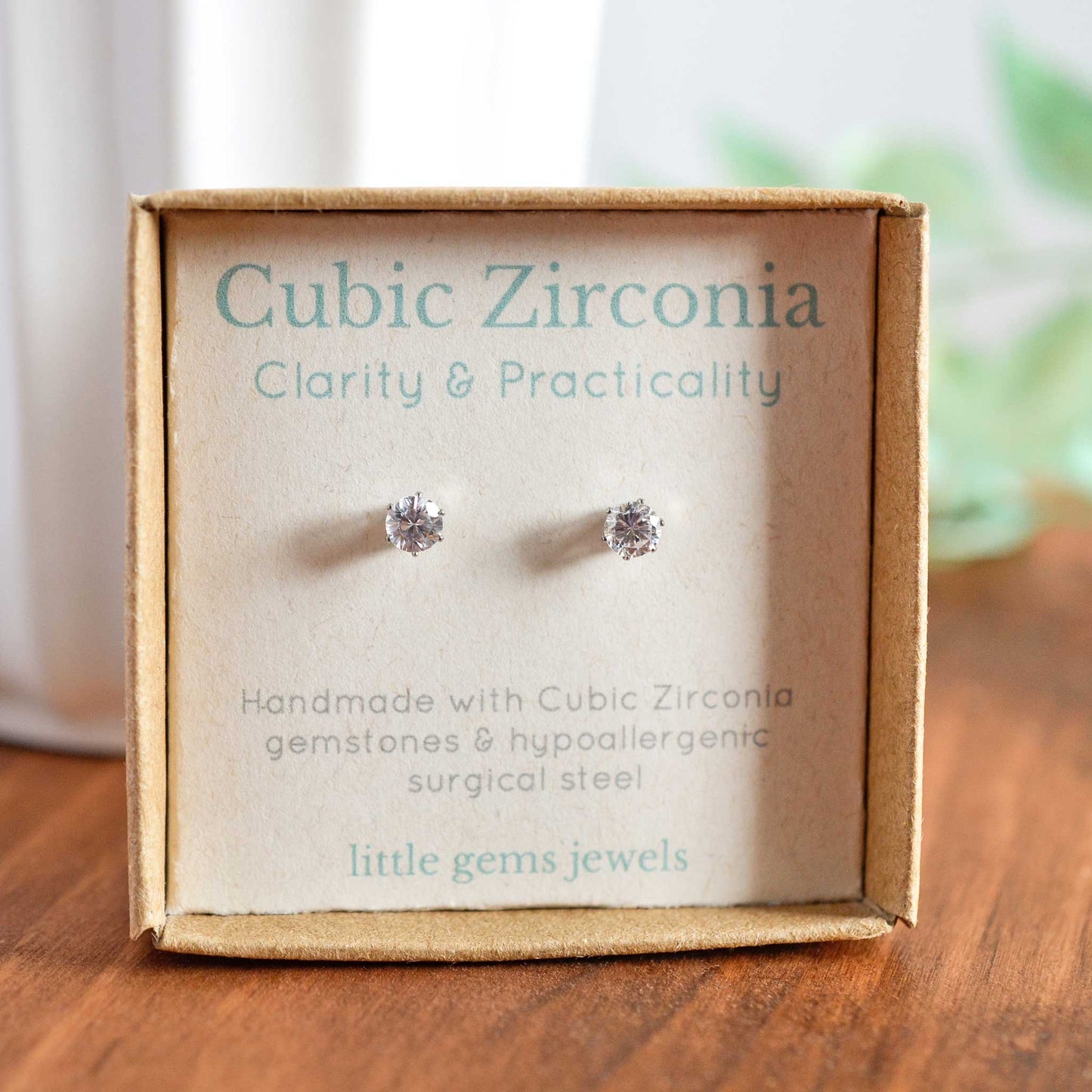 Cubic Zirconia for clarity and practicality gemstone stud earrings in eco friendly gift box