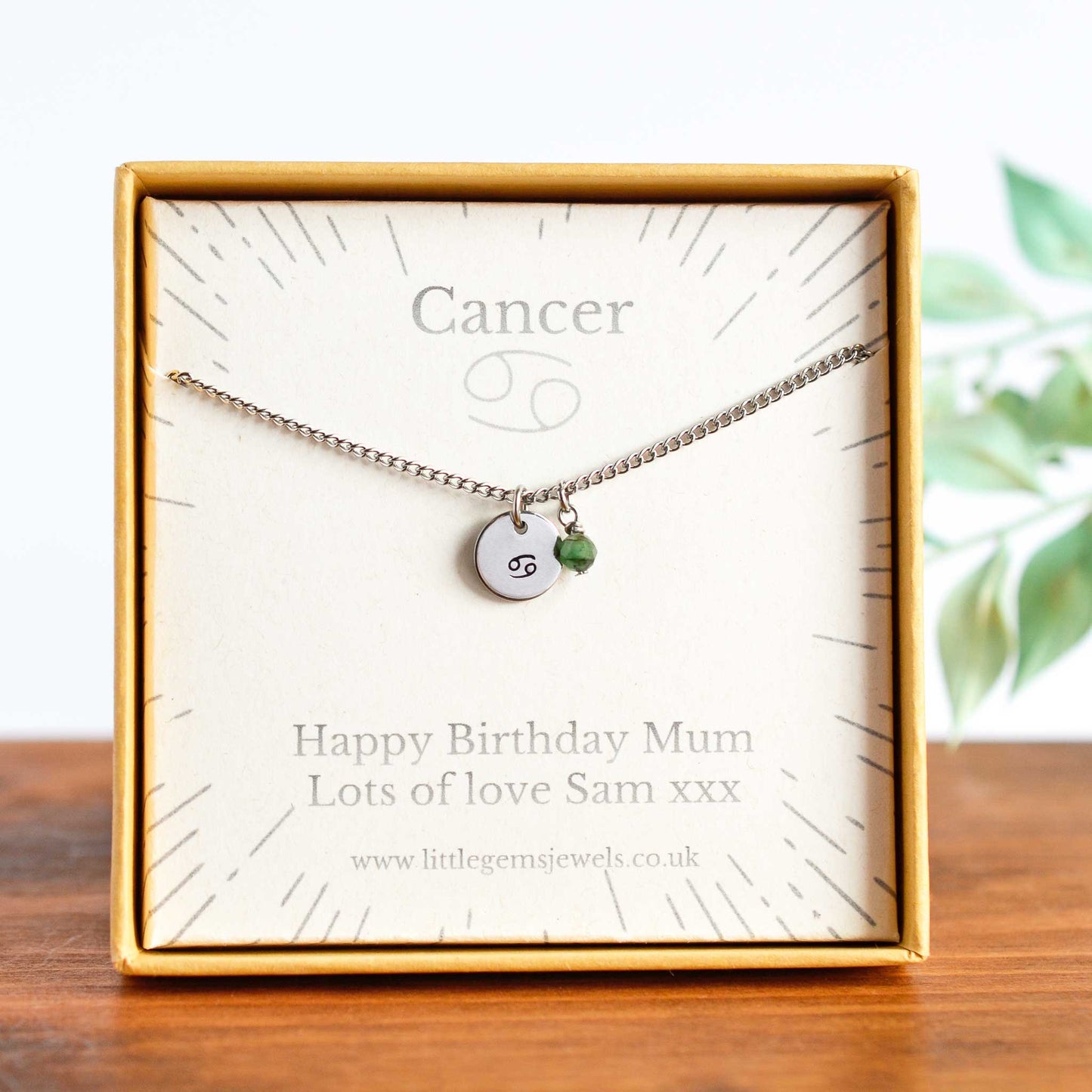 Cancer Zodiac necklace with personalised gift message in eco friendly gift box