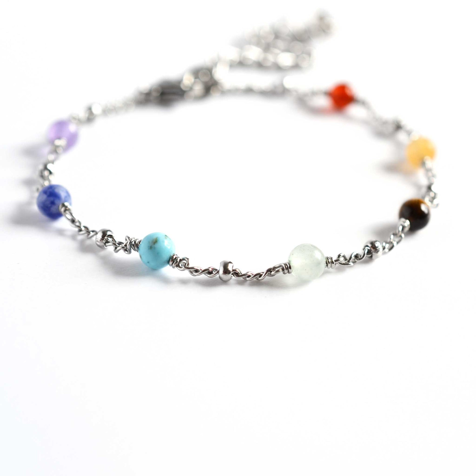 Close up of 7 chakra bracelet with adjustable chain