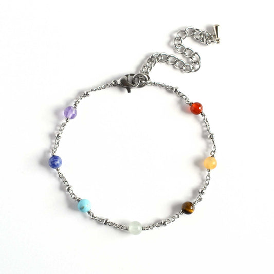 Chakra bracelet with seven chakra gemstones on adjustable stainless steel bracelet chain
