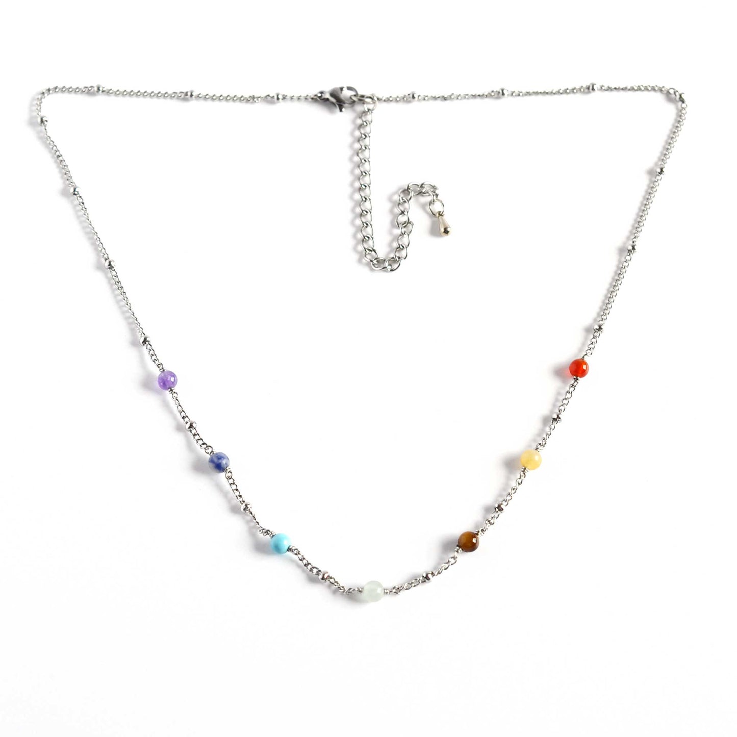 Chakra necklace with seven gemstone beads on adjustable stainless steel neck chain