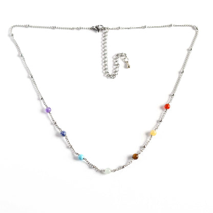 Chakra necklace with seven gemstone beads on adjustable stainless steel neck chain