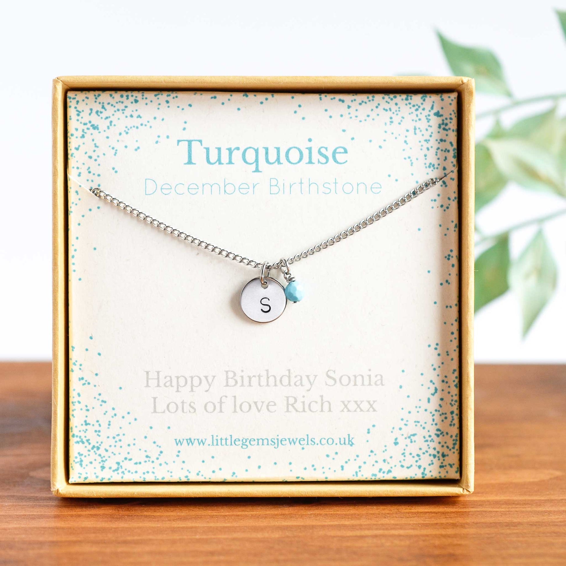 December Birthstone necklace with initial charm & personalised gift message in eco friendly gift box