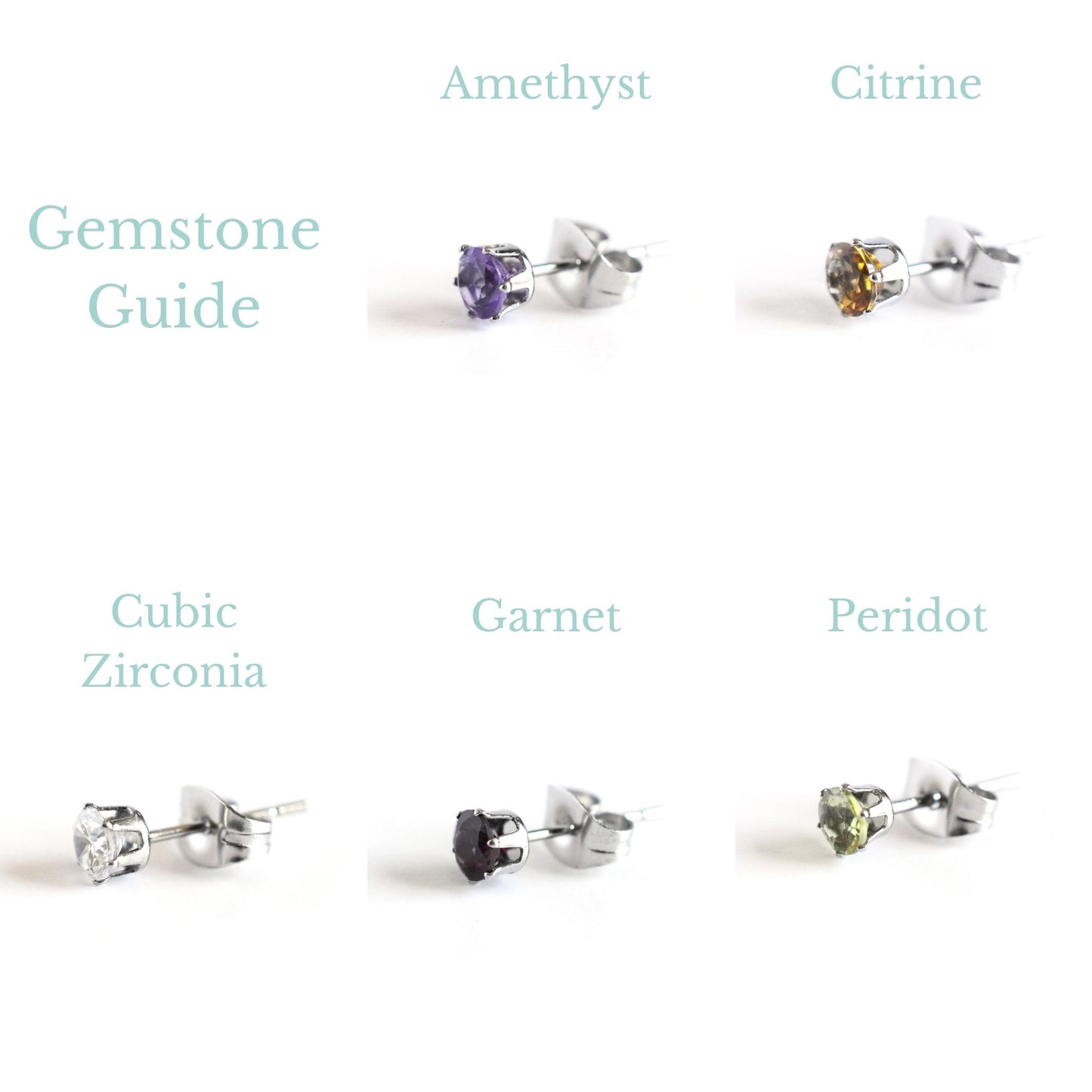 Gemstone colour guide - Amethyst, Citrine, Cubic Zirconia, Garnet & Peridot studs pictured