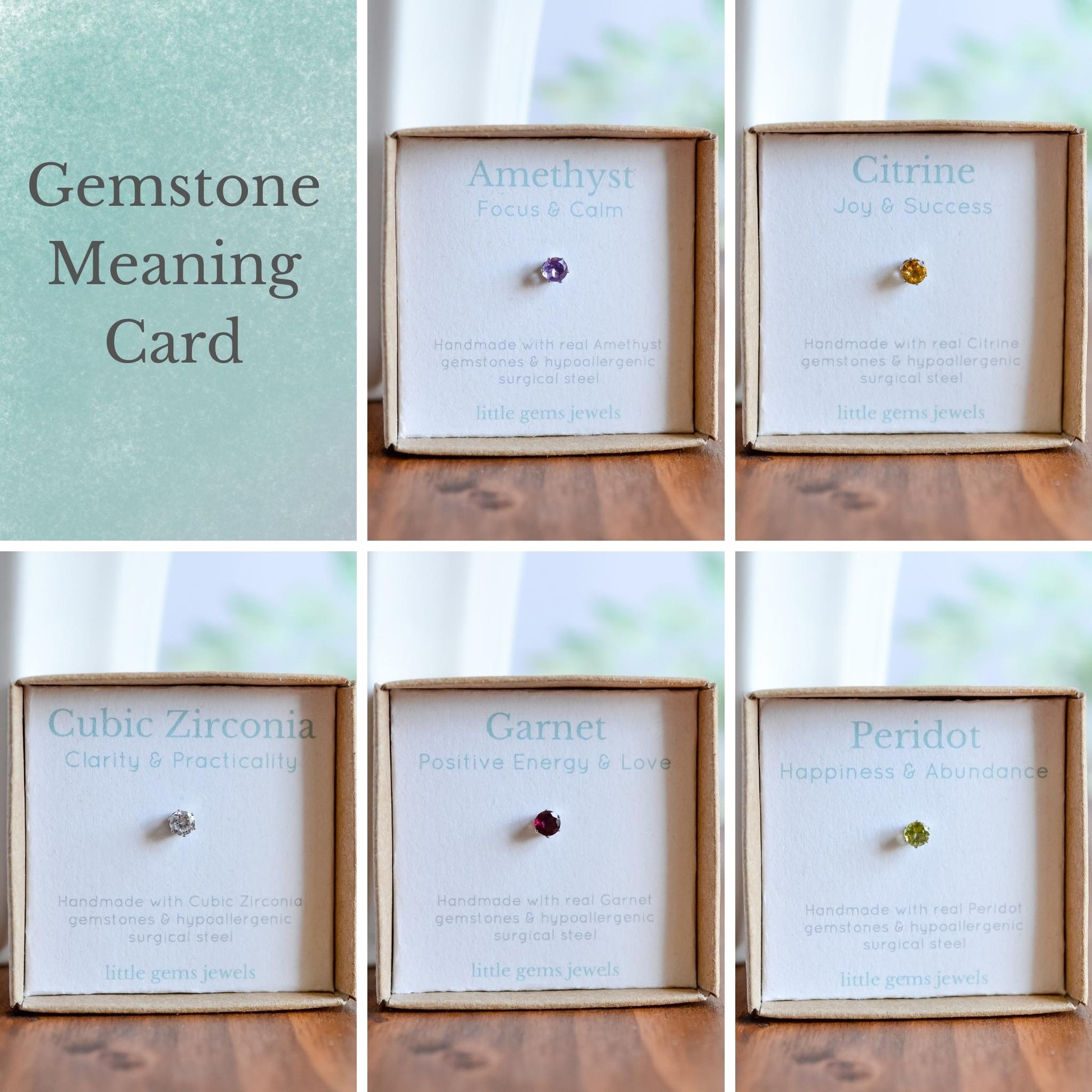 Gemstone meaning card - each stud earring in its gift box with the meaning of that gemstone