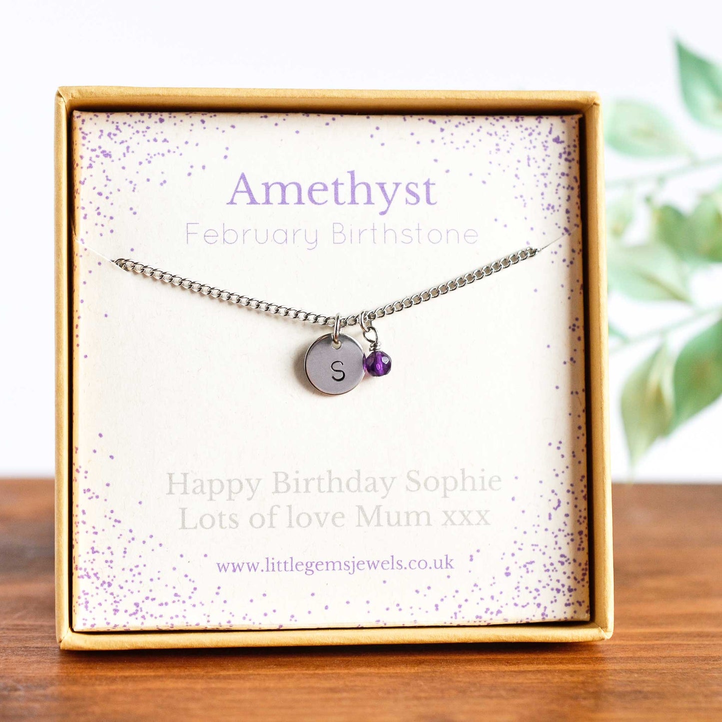 February Birthstone necklace with initial charm & personalised gift message in eco friendly gift box