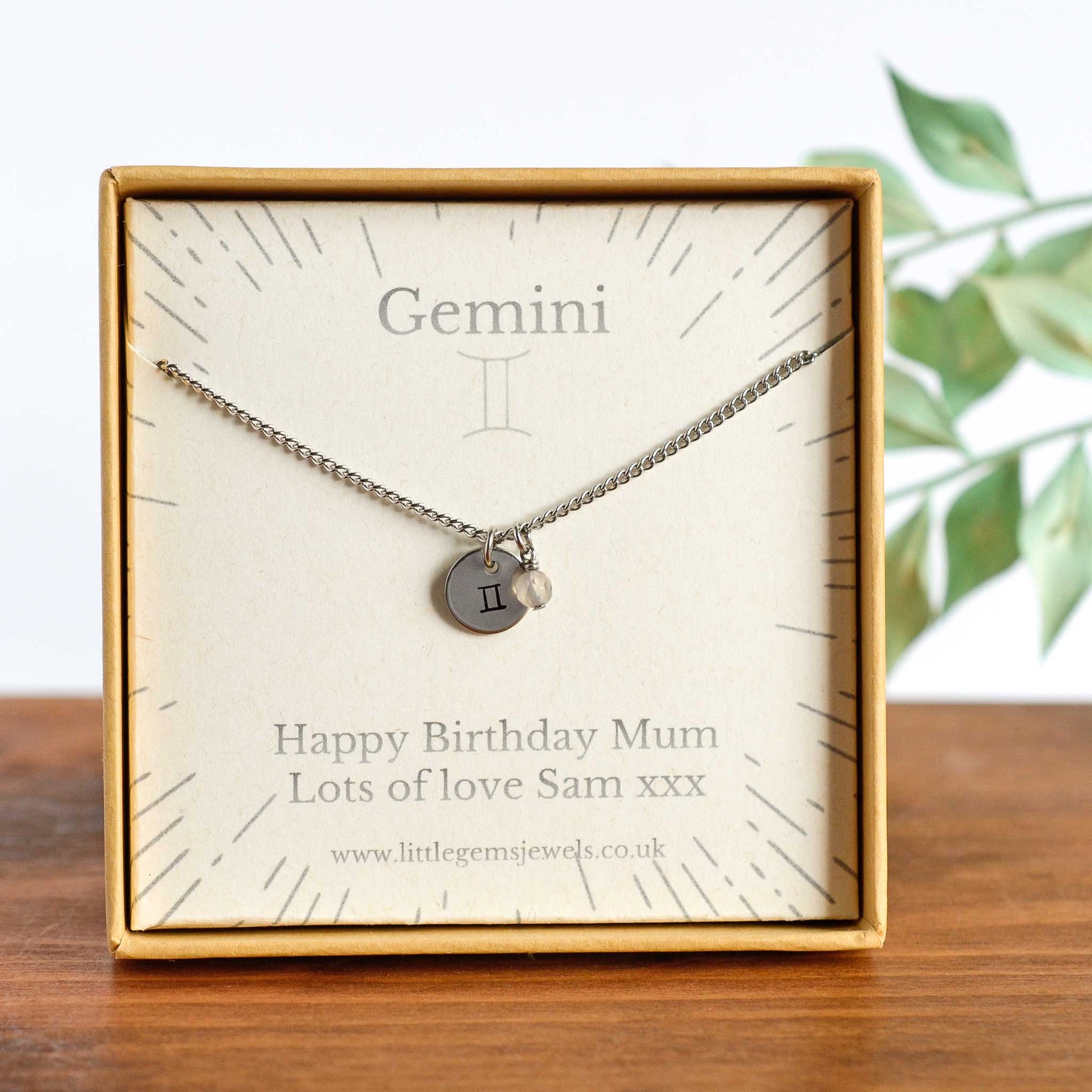 Gemini Zodiac necklace with personalised gift message in eco friendly gift box