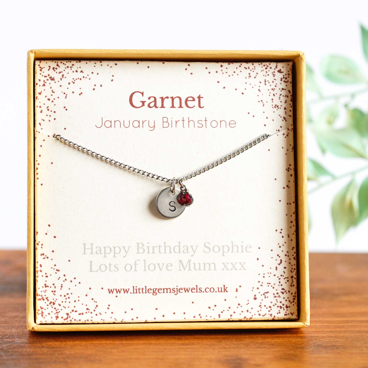 January Birthstone necklace with initial charm & personalised gift message in eco friendly gift box