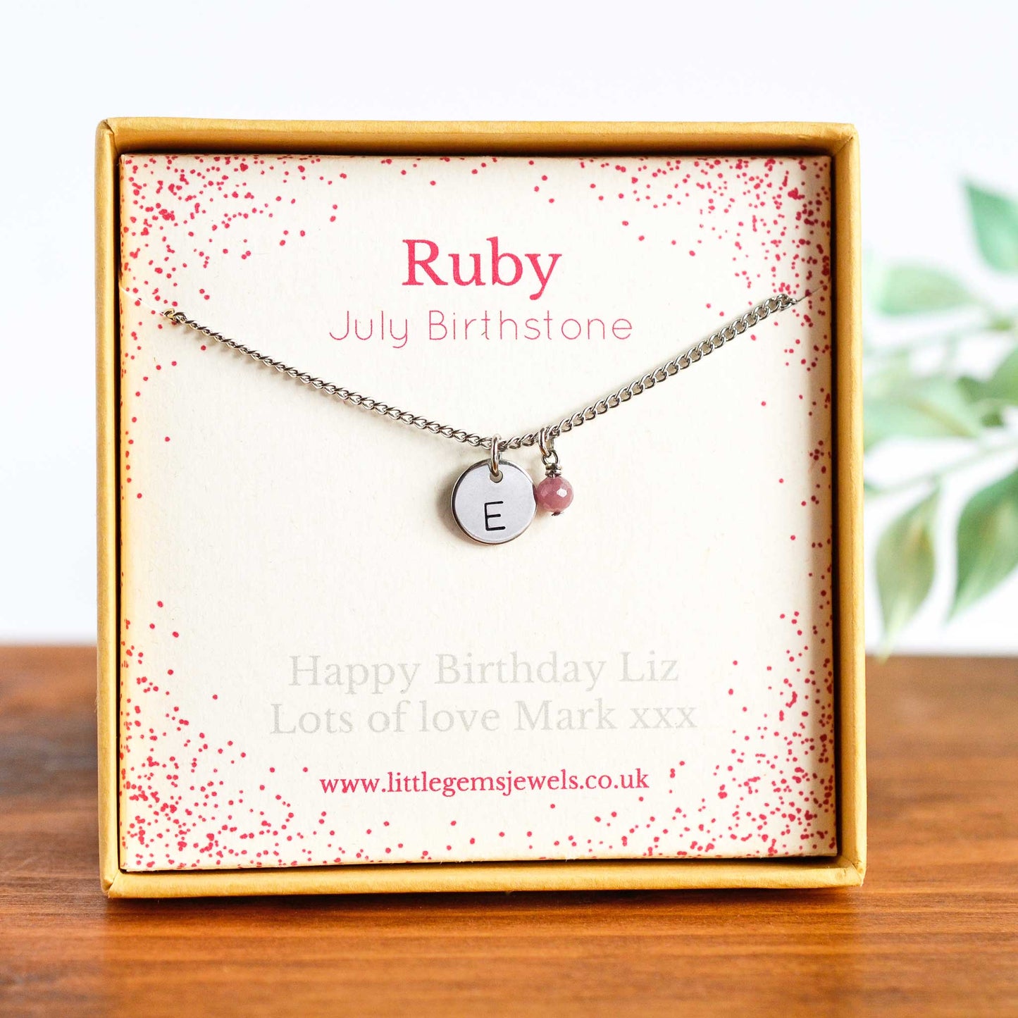 July Birthstone necklace with initial charm & personalised gift message in eco friendly gift box