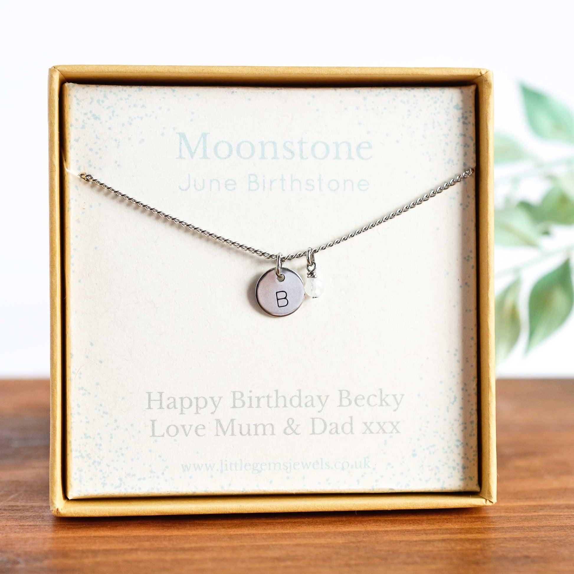 June Birthstone necklace with initial charm & personalised gift message in eco friendly gift box