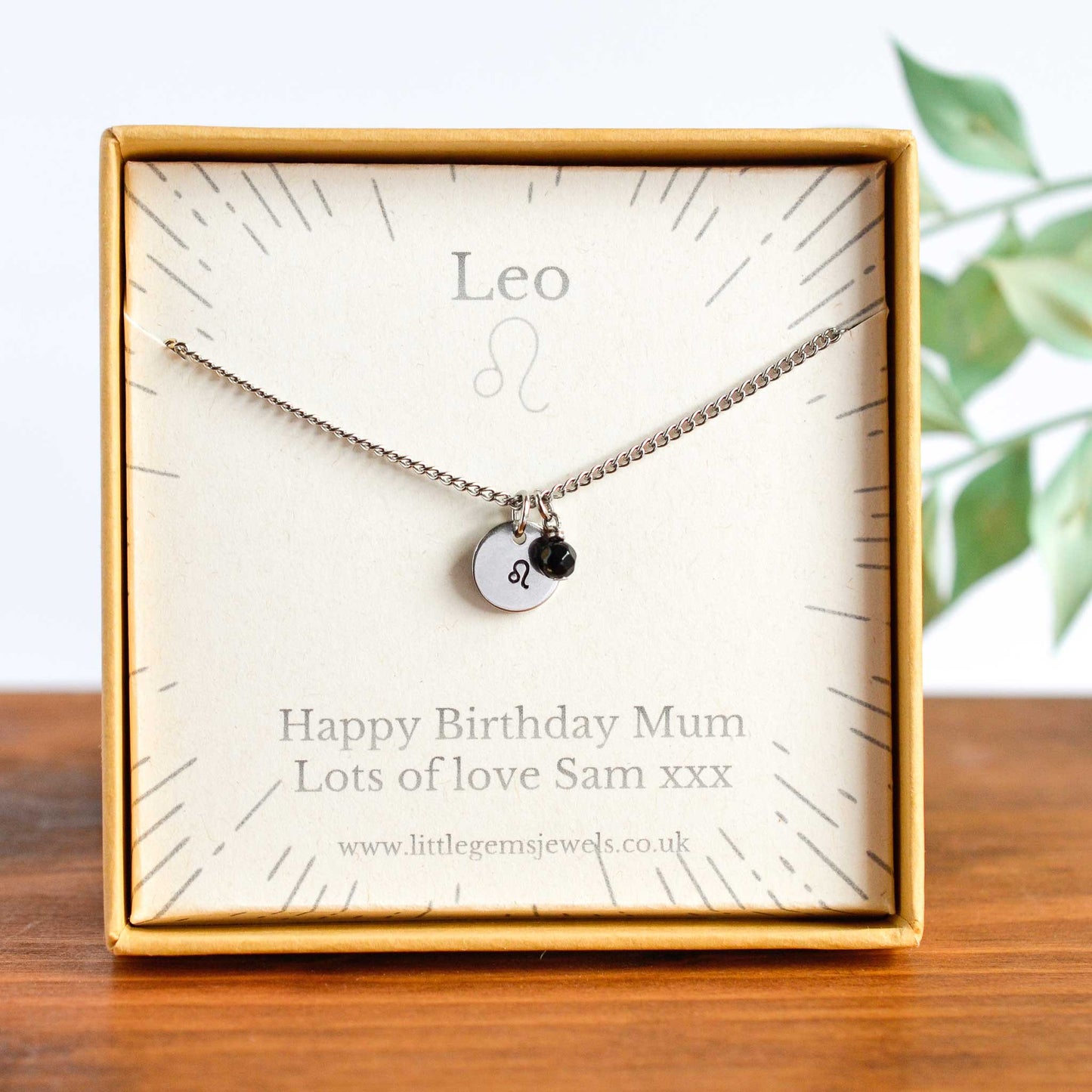 Leo Zodiac necklace with personalised gift message in eco friendly gift box
