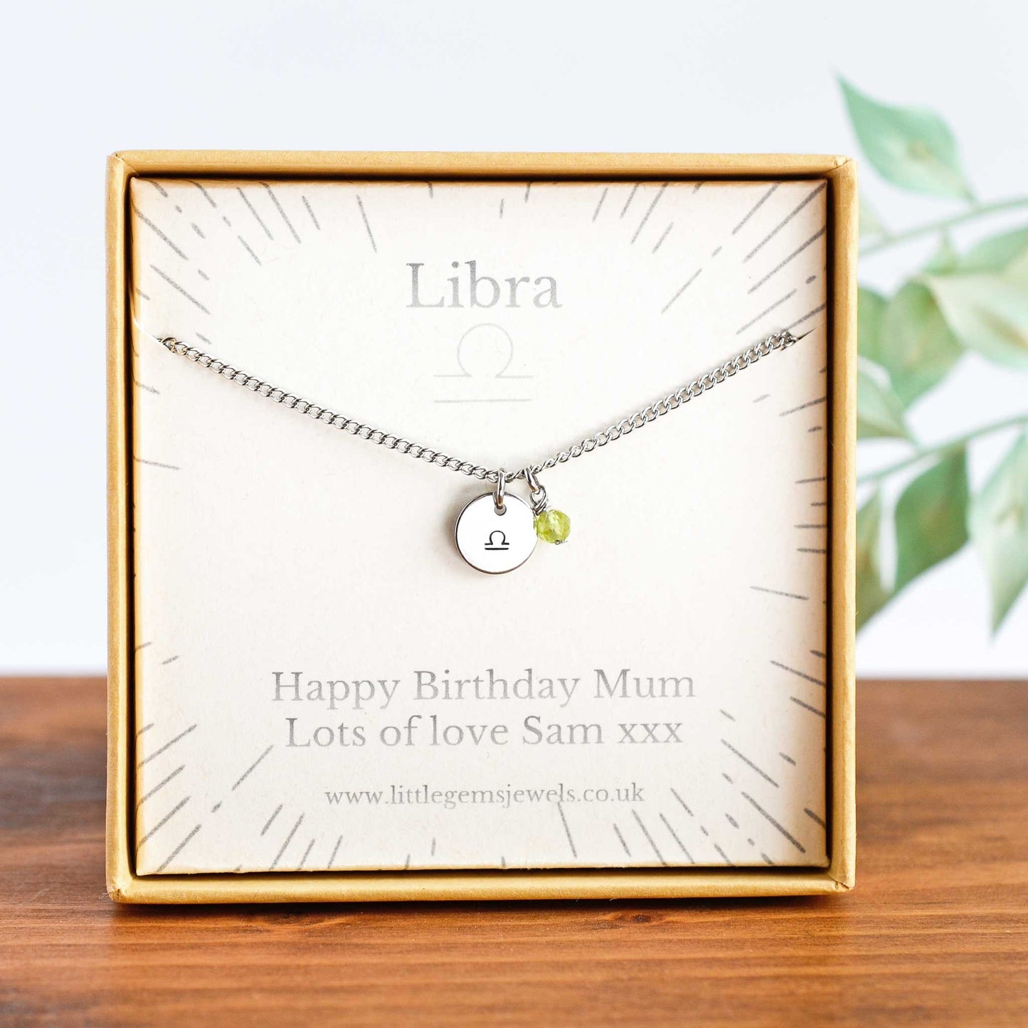 Libra Zodiac necklace with personalised gift message in eco friendly gift box