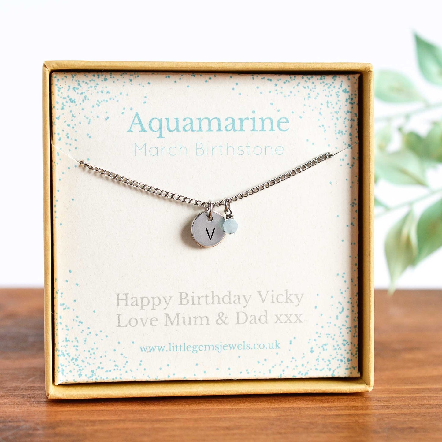March Birthstone necklace with initial charm & personalised gift message in eco friendly gift box