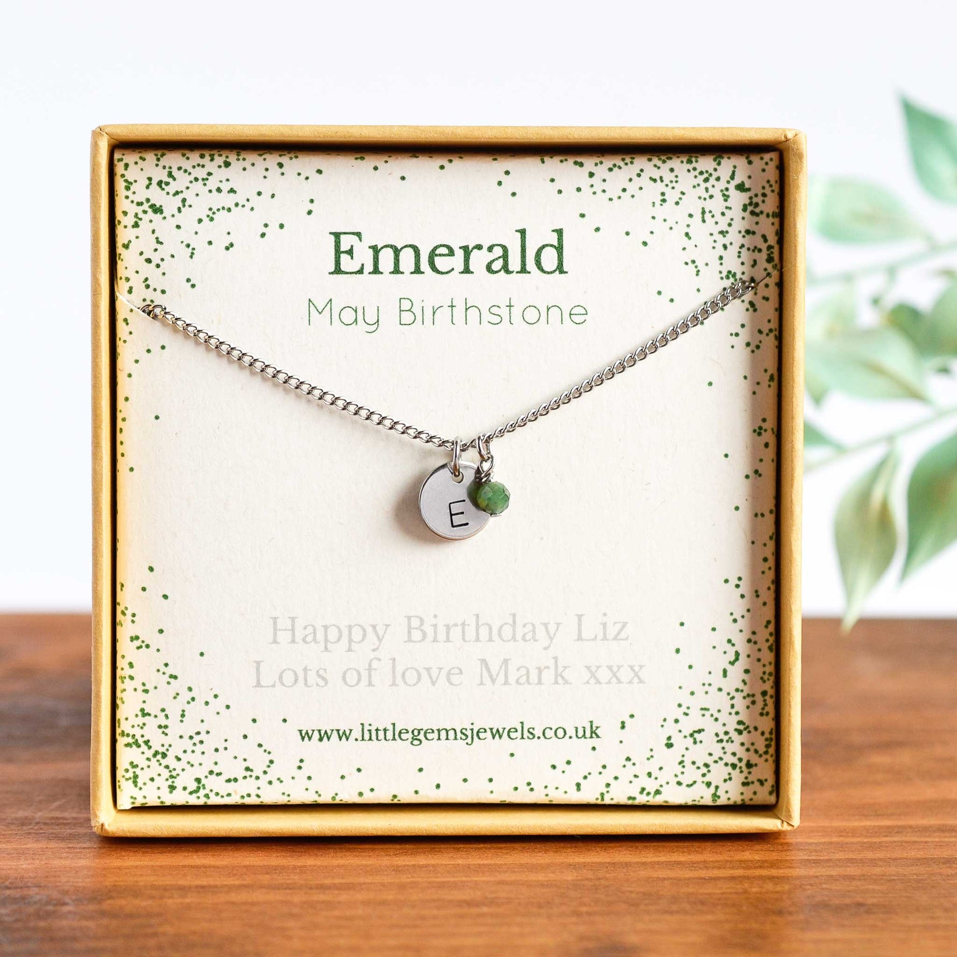 May Birthstone necklace with initial charm & personalised gift message in eco friendly gift box