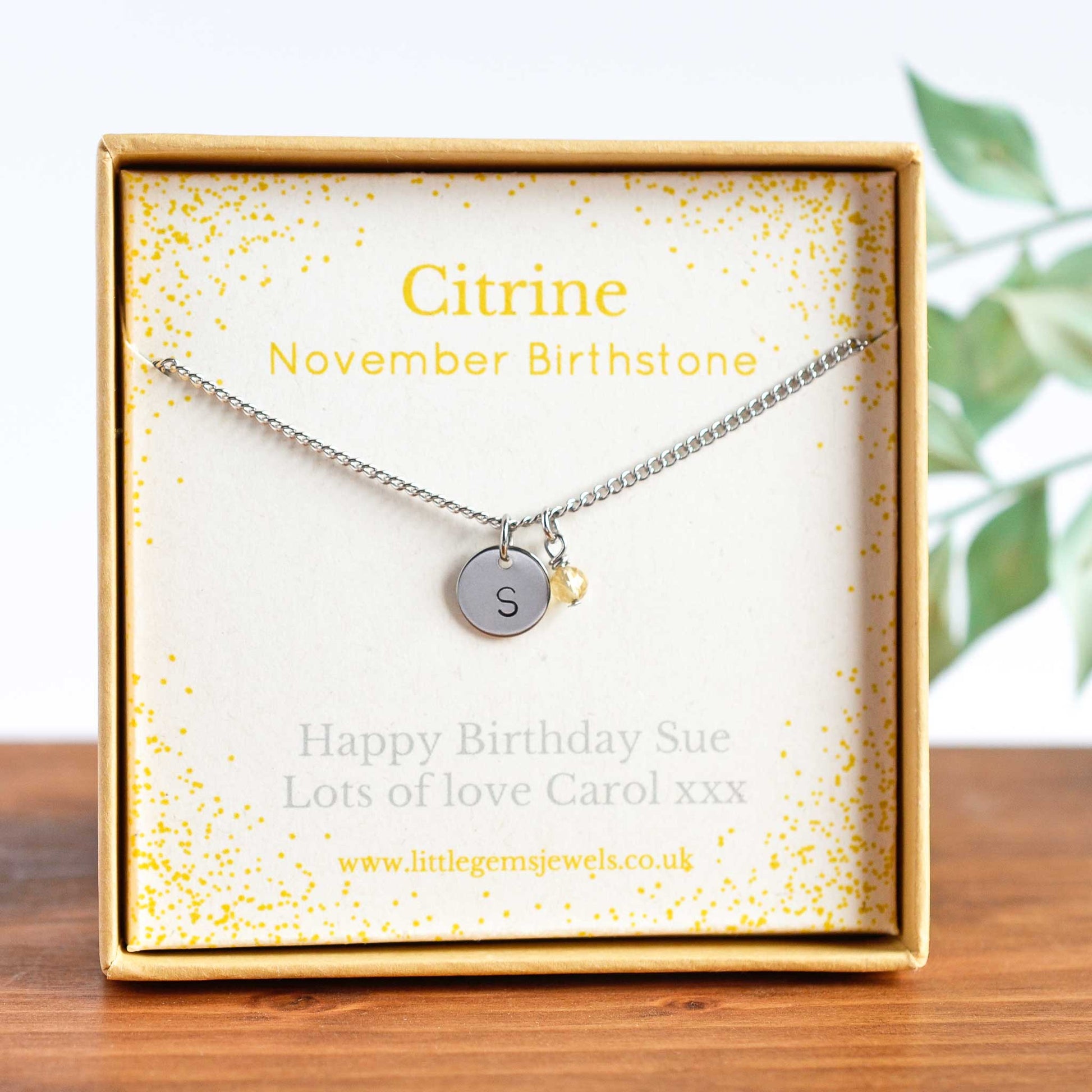 November Birthstone necklace with initial charm & personalised gift message in eco friendly gift box