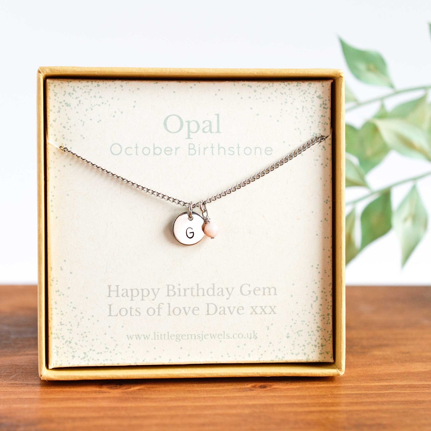 October Birthstone necklace with initial charm & personalised gift message in eco friendly gift box