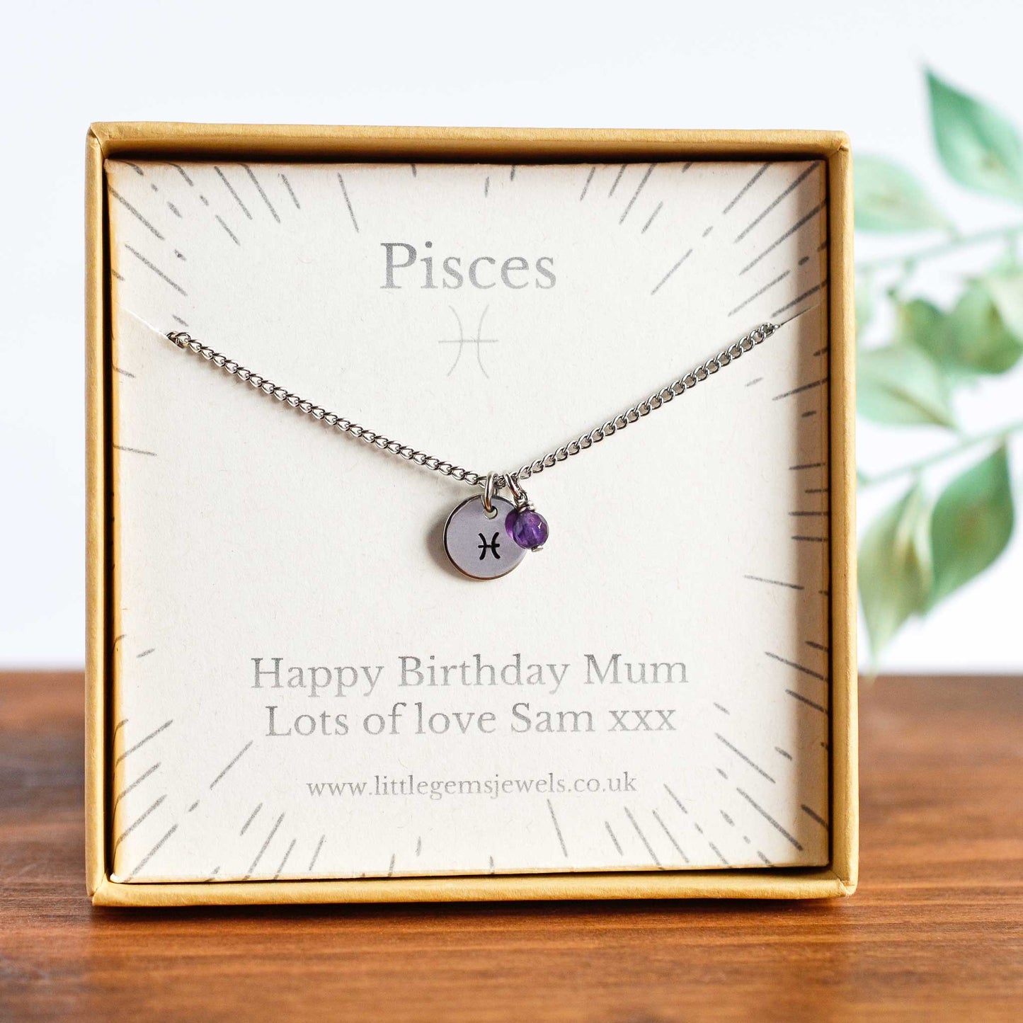 Pisces Zodiac necklace with personalised gift message in eco friendly gift box