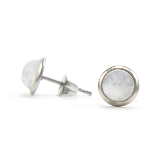 Round Rainbow Moonstone earrings studs on white background