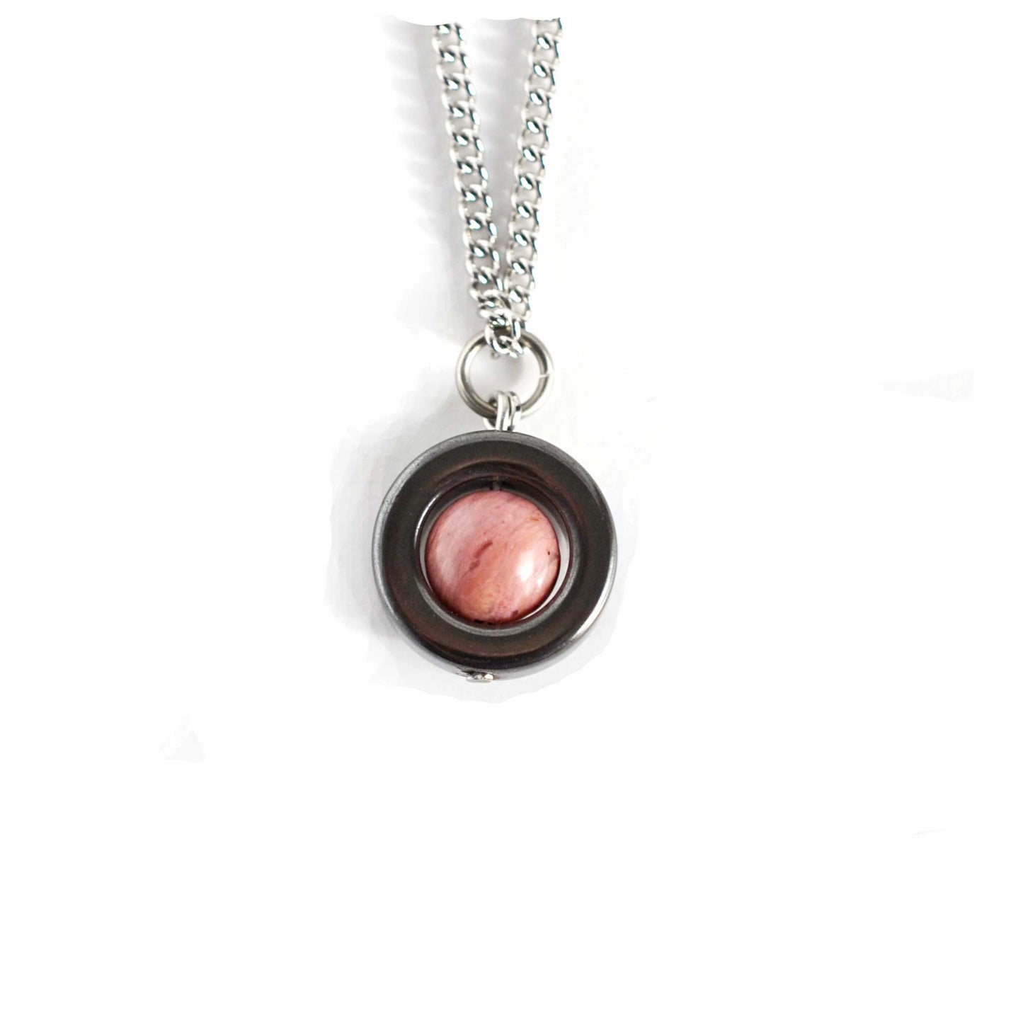 Hematite and dusky pink Rhodonite spinner necklace on white background.